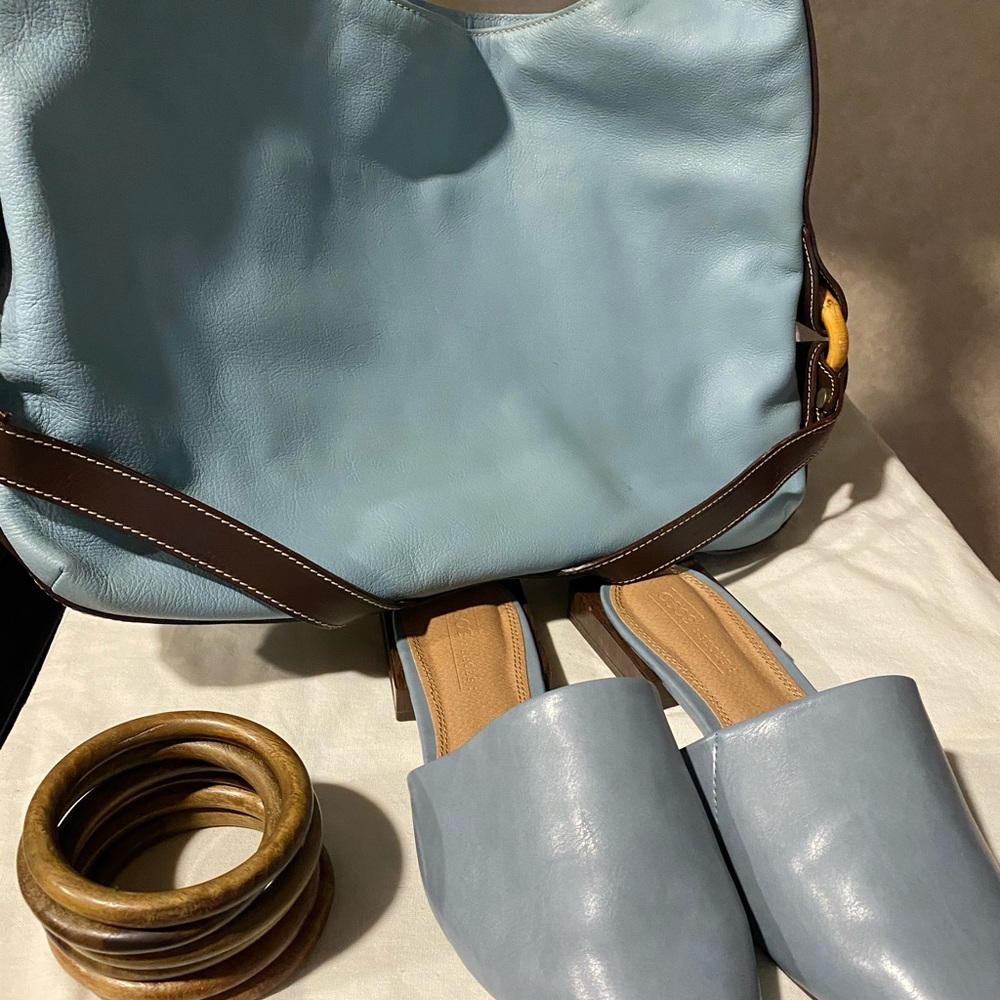 ASOS light blue flat slip on sandals